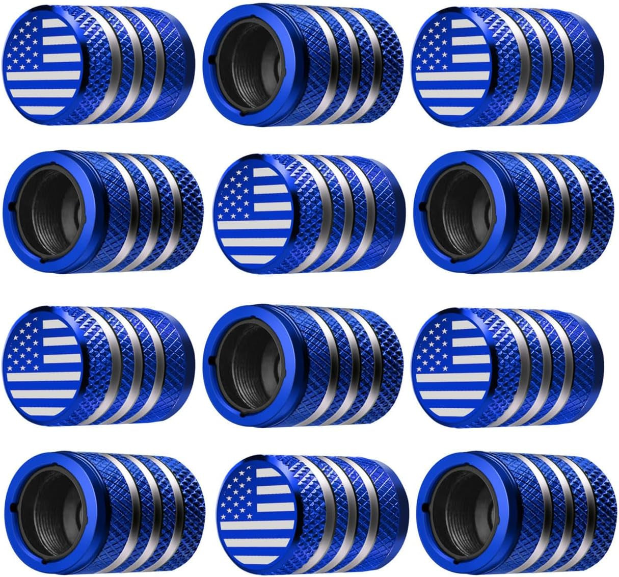 Tire Valve Stem Cap Cover - (12 Pack) Tire Air Cap Metal with Plastic Liner Corrosion Resistant Leak-Proof American Flag for Car Truck Motorcycle Bike Blue